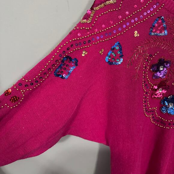 Vintage Diana Marco Deep Pink Beaded Sequin Pullover Sweater Womens Plus Size 22 - Picture 3 of 7